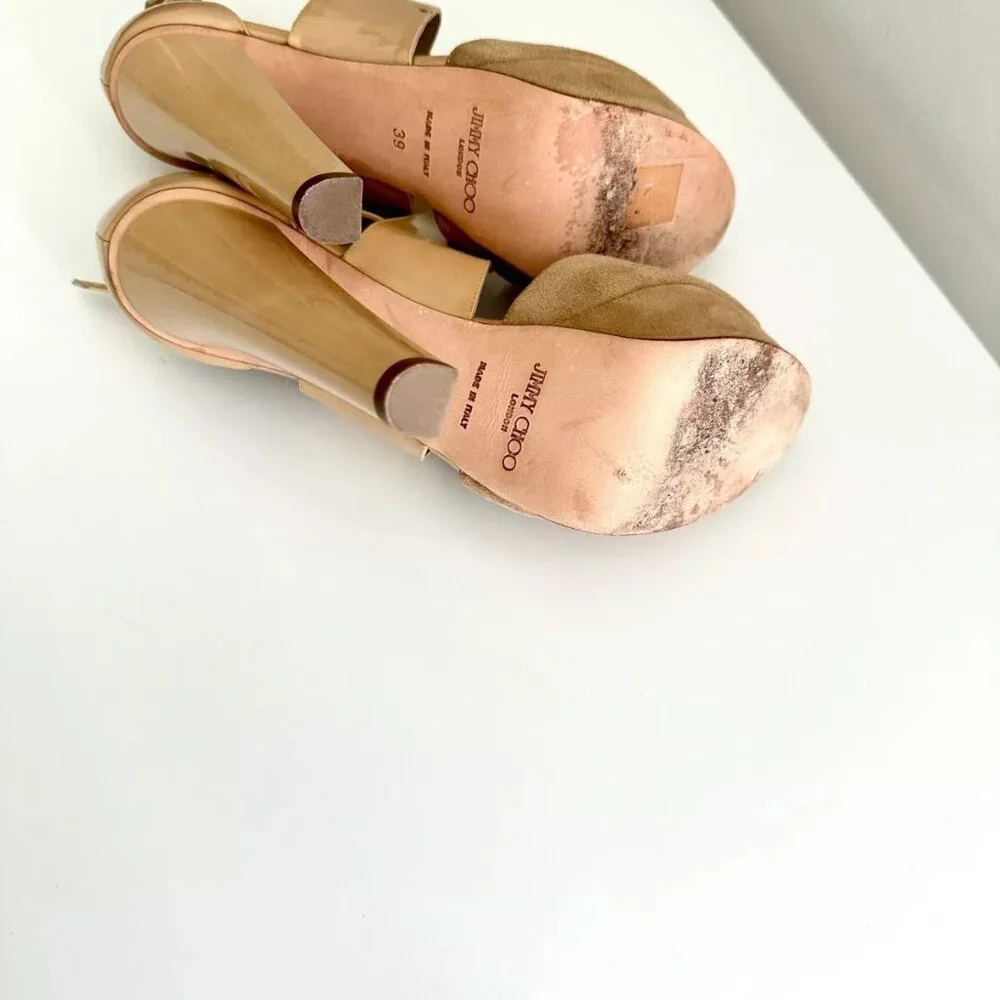 JIMMY CHOO Patent Leather Suede Platform Ankle Strap Sandals in Nude Size US 9